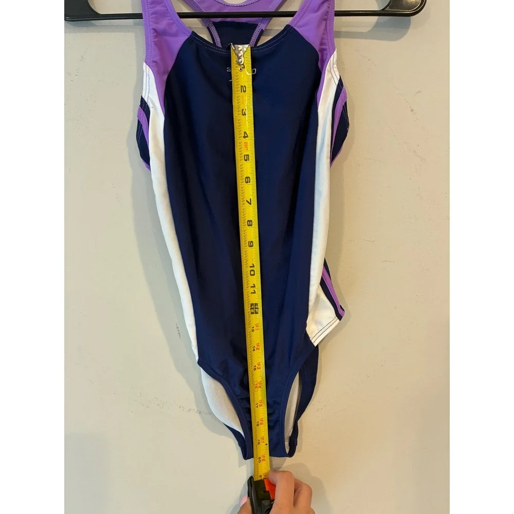 Speedo Girls Size 14 One Piece Swimsuit Navy Purple White Colorblock Racerback